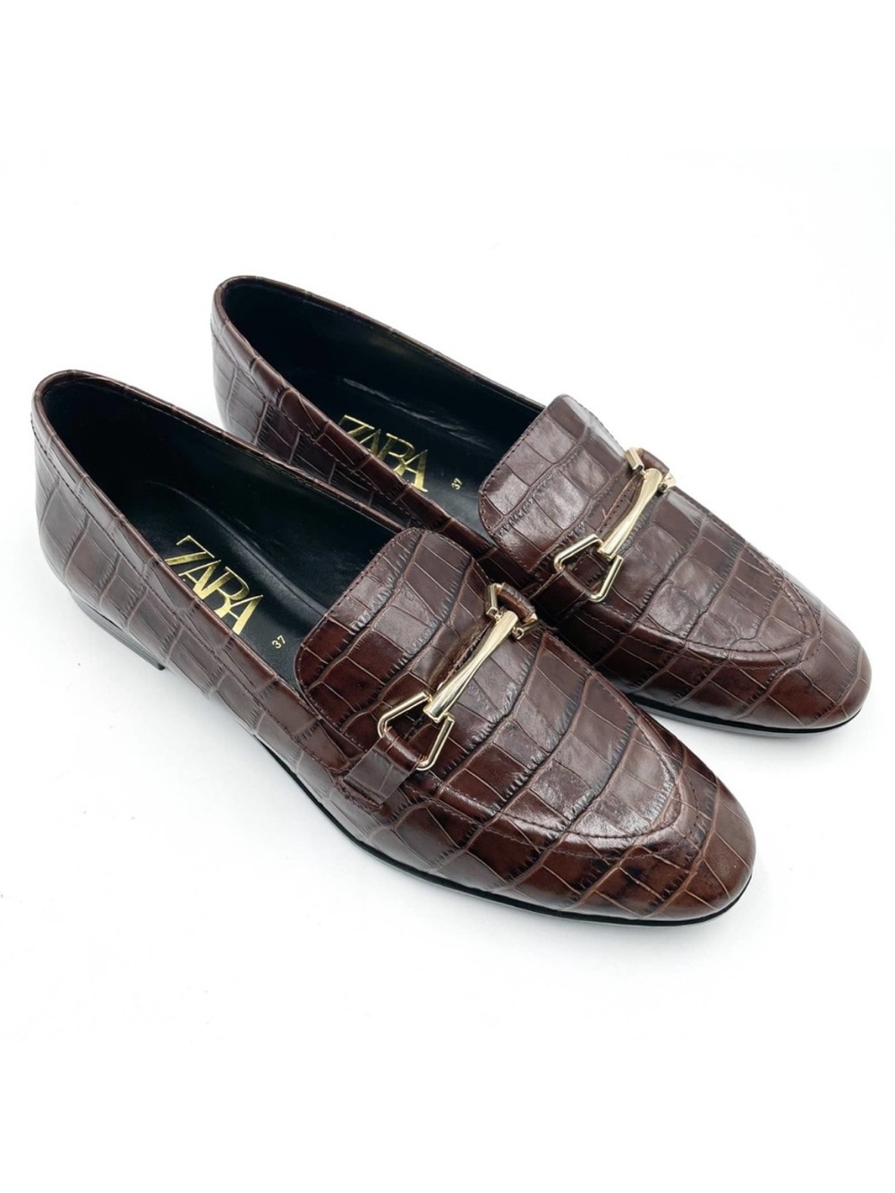 Zara Brown Croc-Embossed Leather Bit Loafers 37 6.5
